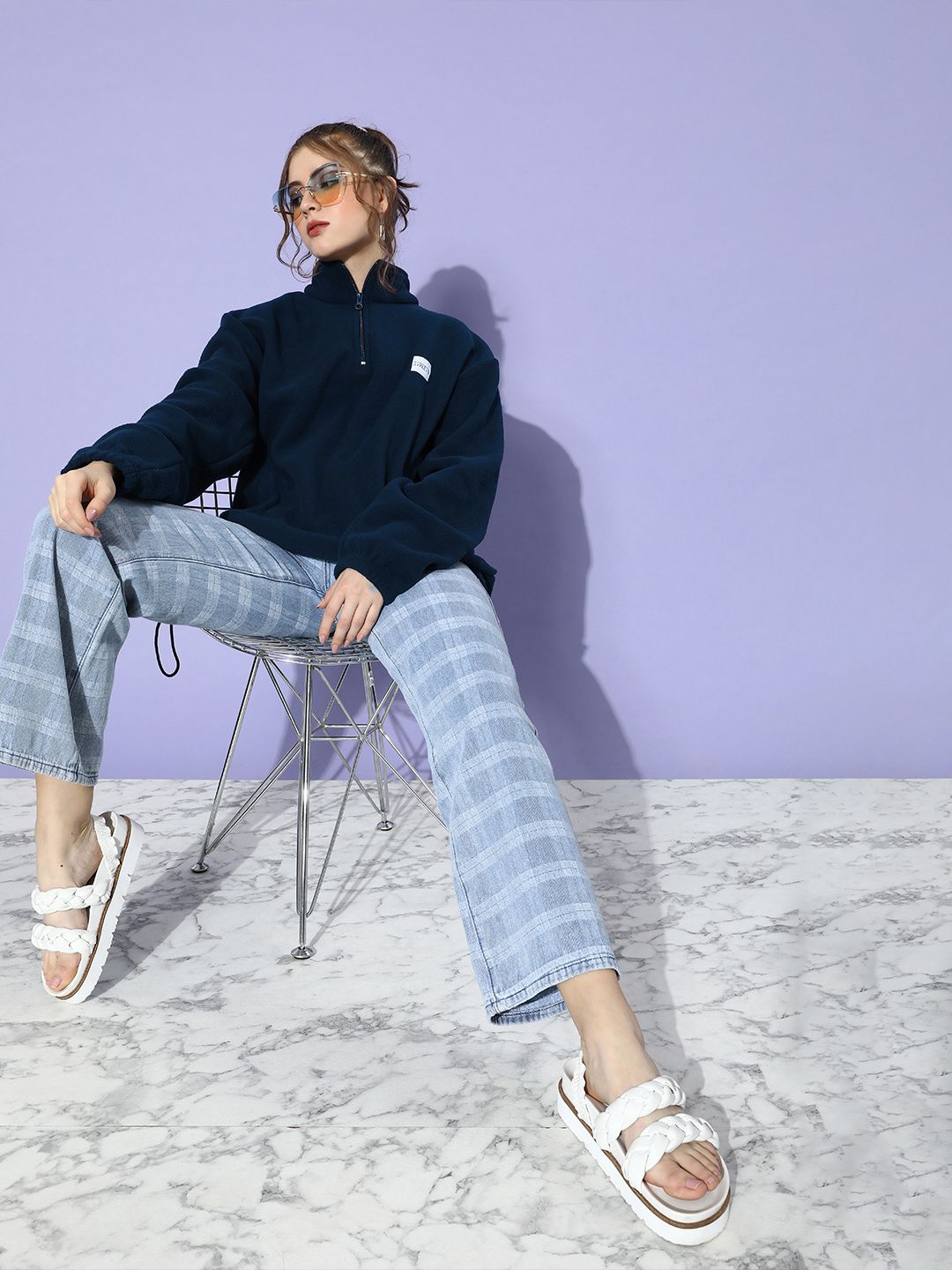 STREET 9 Women Deep Navy Blue Solid Sweatshirt