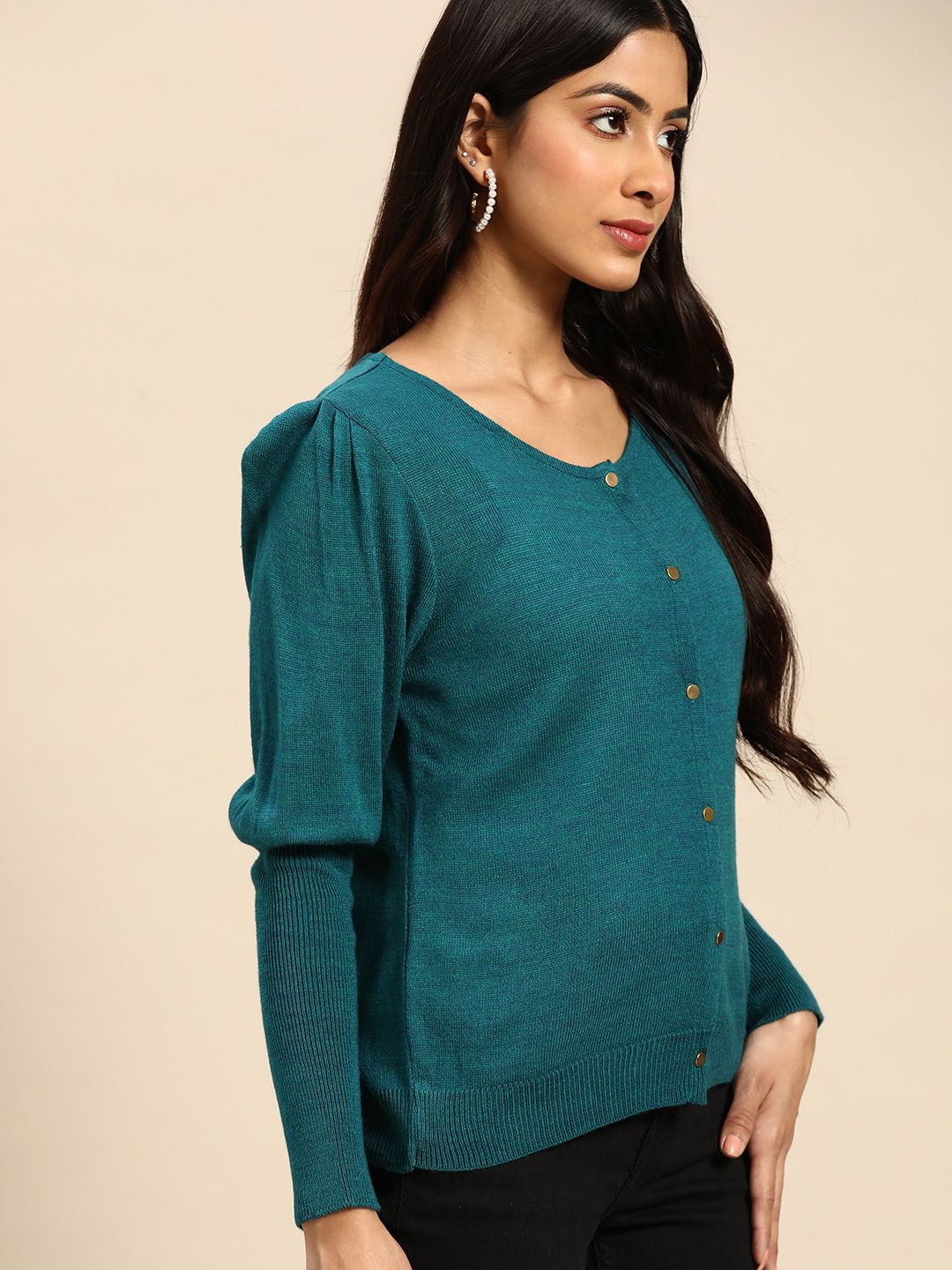 all about you Women Teal Blue Knitted Cardigan