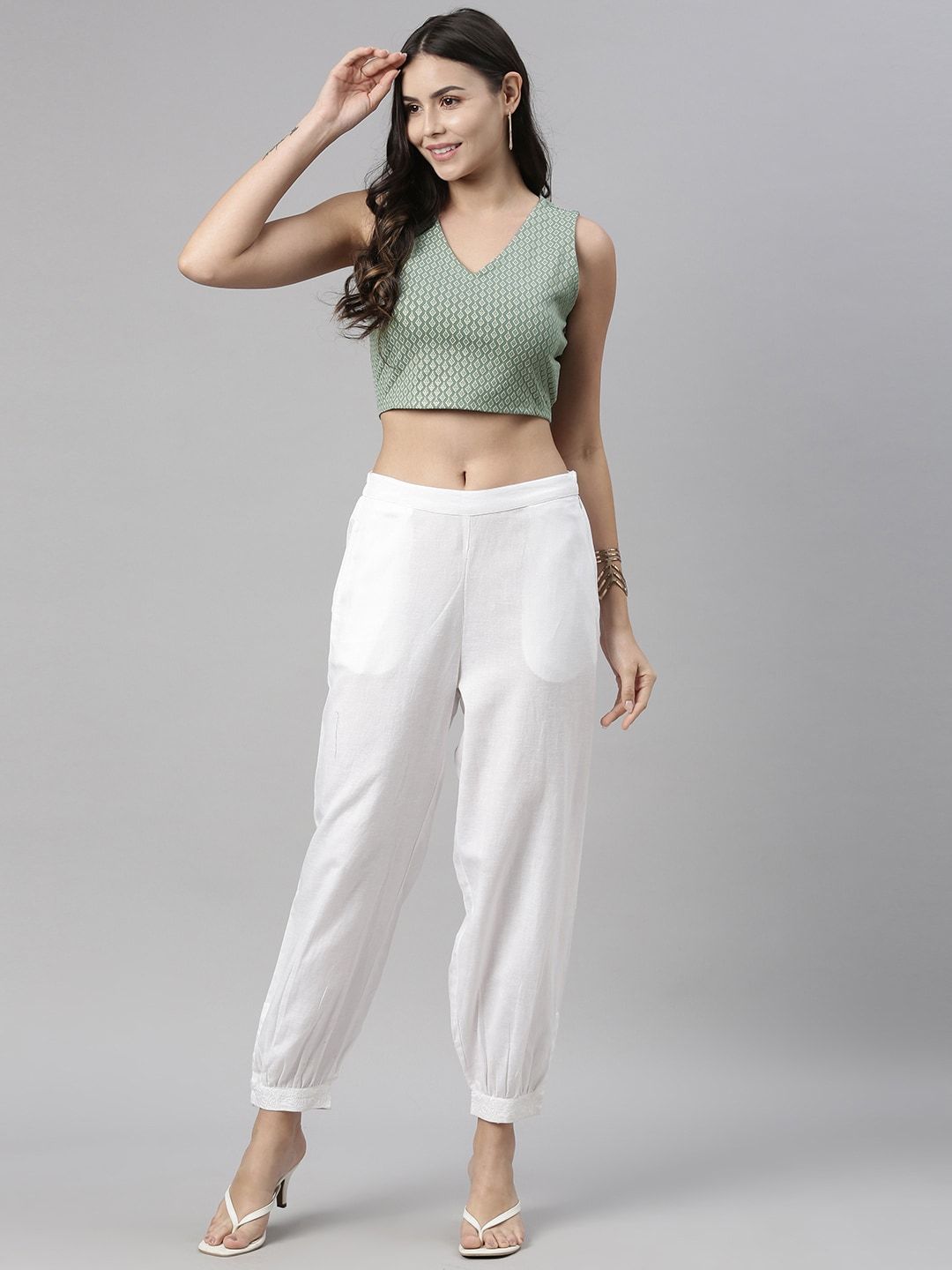 Global Desi Sage Green Geometric Print Sleeveless Blouson Crop Top