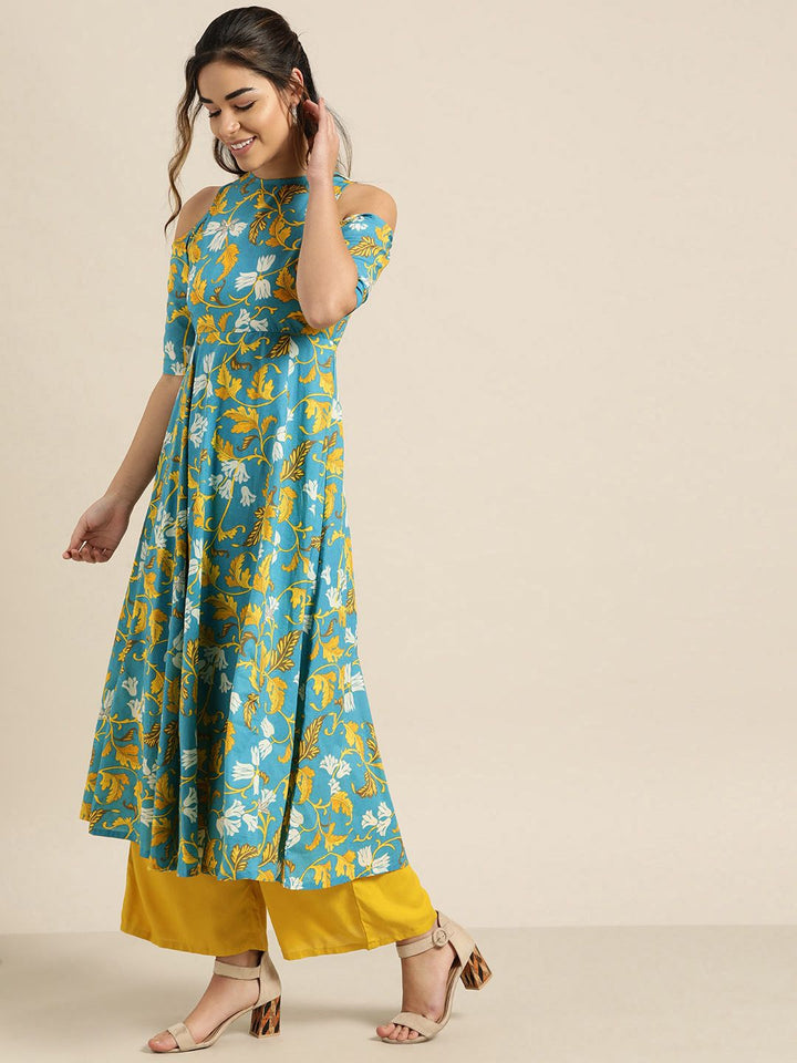 Shae by SASSAFRAS Women Blue & Mustard Yellow Printed Off-Shoulder Anarkali Kurta