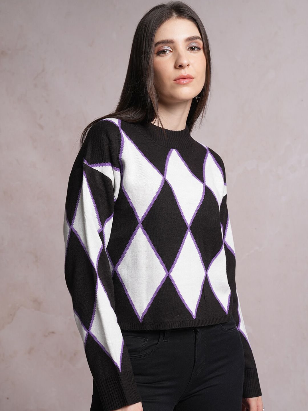 Tokyo Talkies Black Geometric Printed Acrylic Pullover