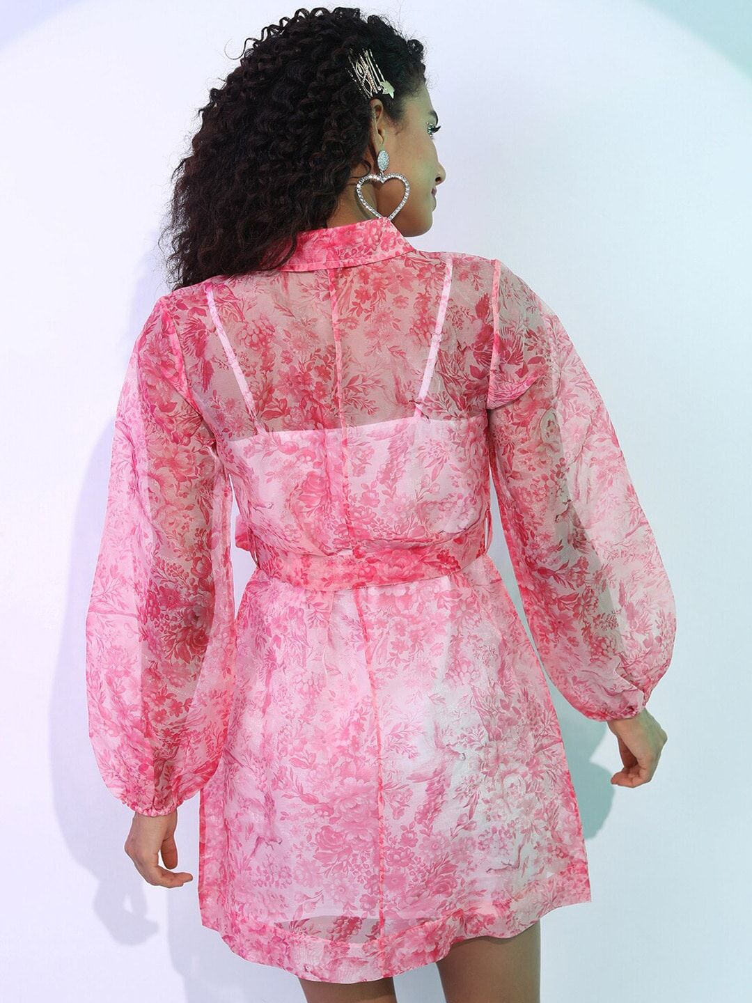 Tokyo Talkies Pink Floral Printed Organza Shirt Dress With Belt
