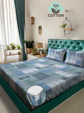 KLOTTHE Blue Geometric Printed Fitted 400 TC Cotton King Bedsheet & 2 Pillow Covers