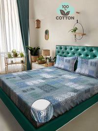 KLOTTHE Blue Geometric Printed Fitted 400 TC Cotton King Bedsheet & 2 Pillow Covers