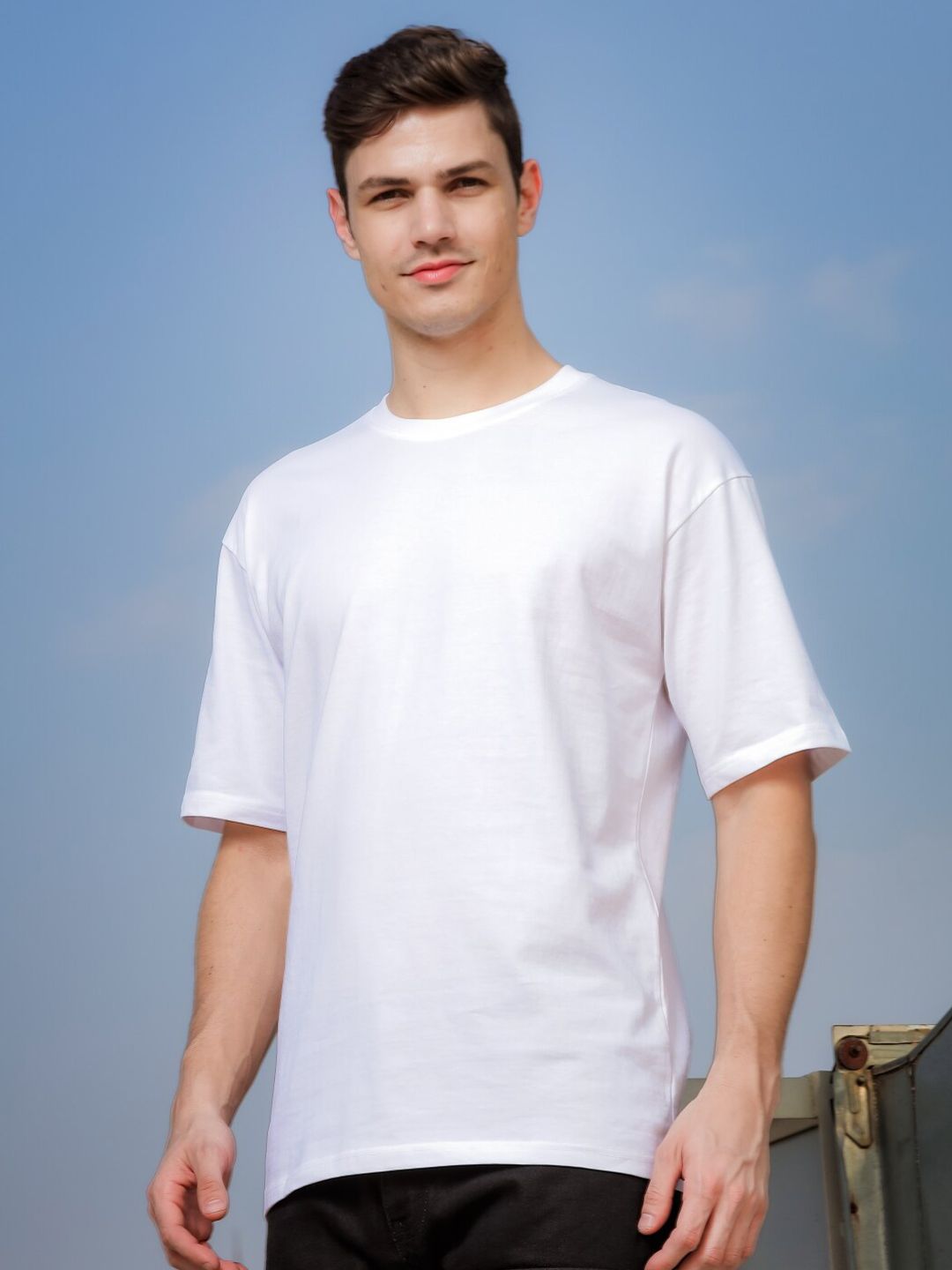 ADRO Round Neck Drop-Shoulder Sleeves Oversized Pure Cotton T-shirt
