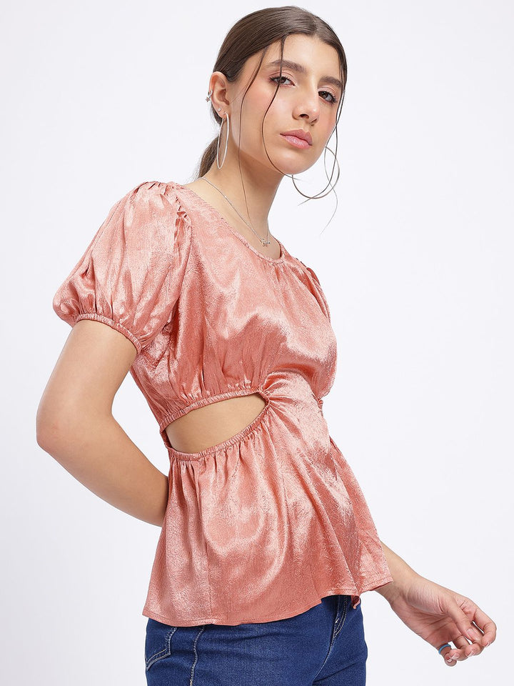 DressBerry Cut Out Detail Puff Sleeve Satin Top