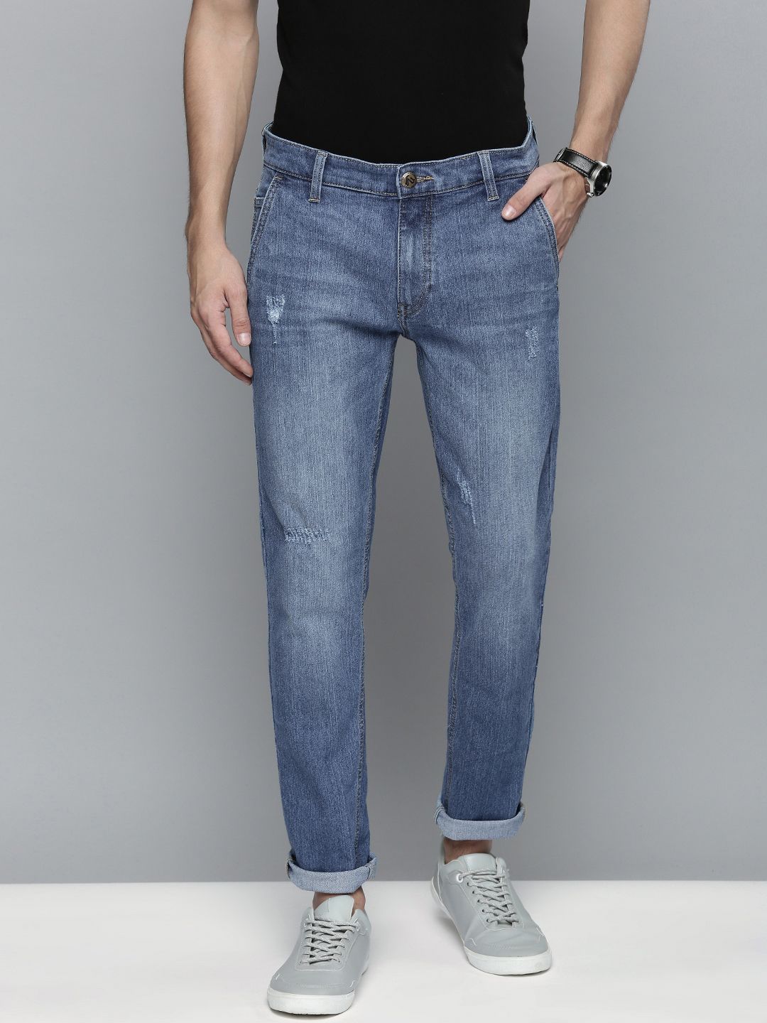 The Indian Garage Co Men Blue Slim Fit Mildly Distressed Stretchable Jeans
