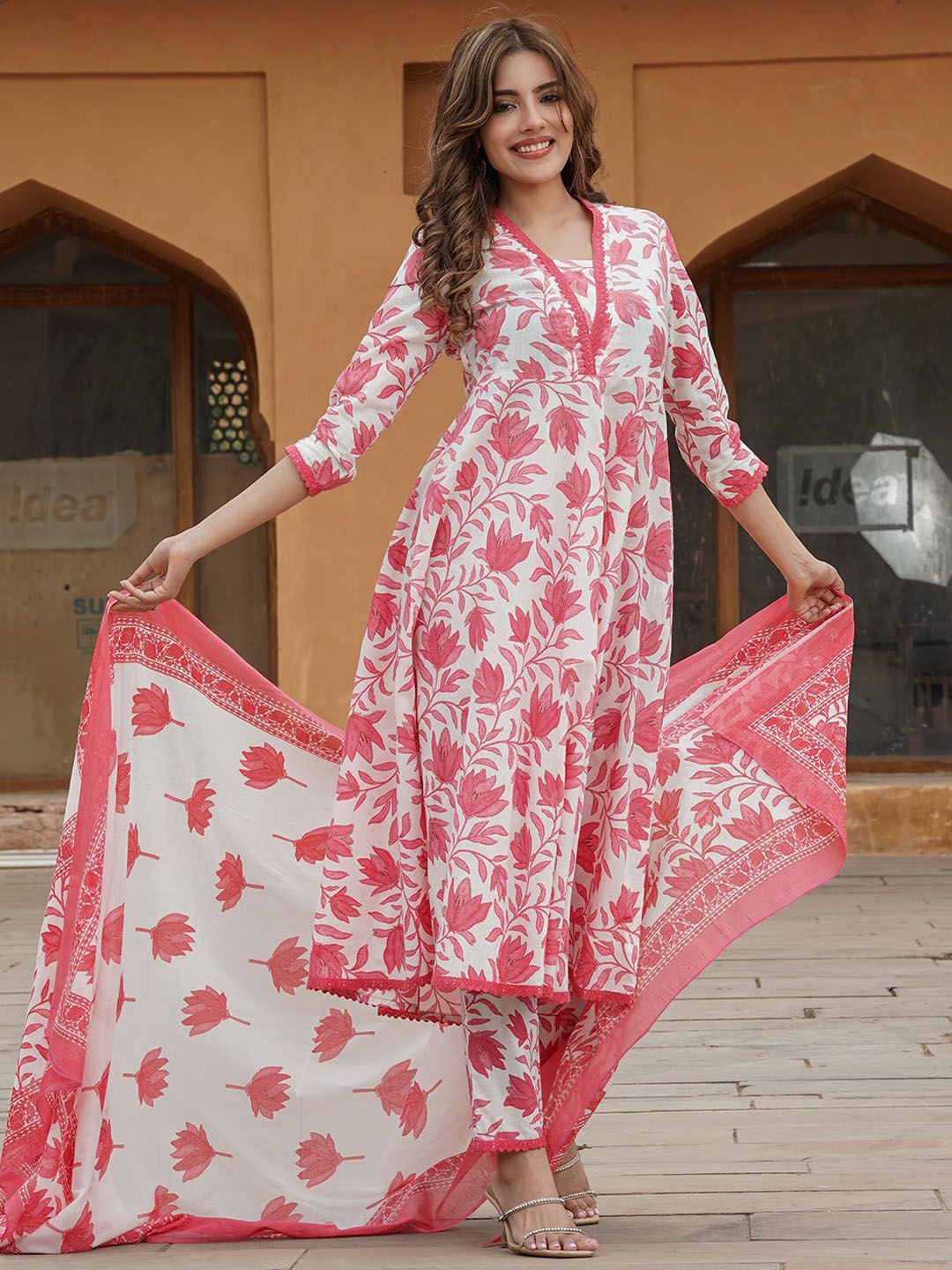 KALINI Floral Printed V-Neck Regular Kurta With Trousers & Dupatta