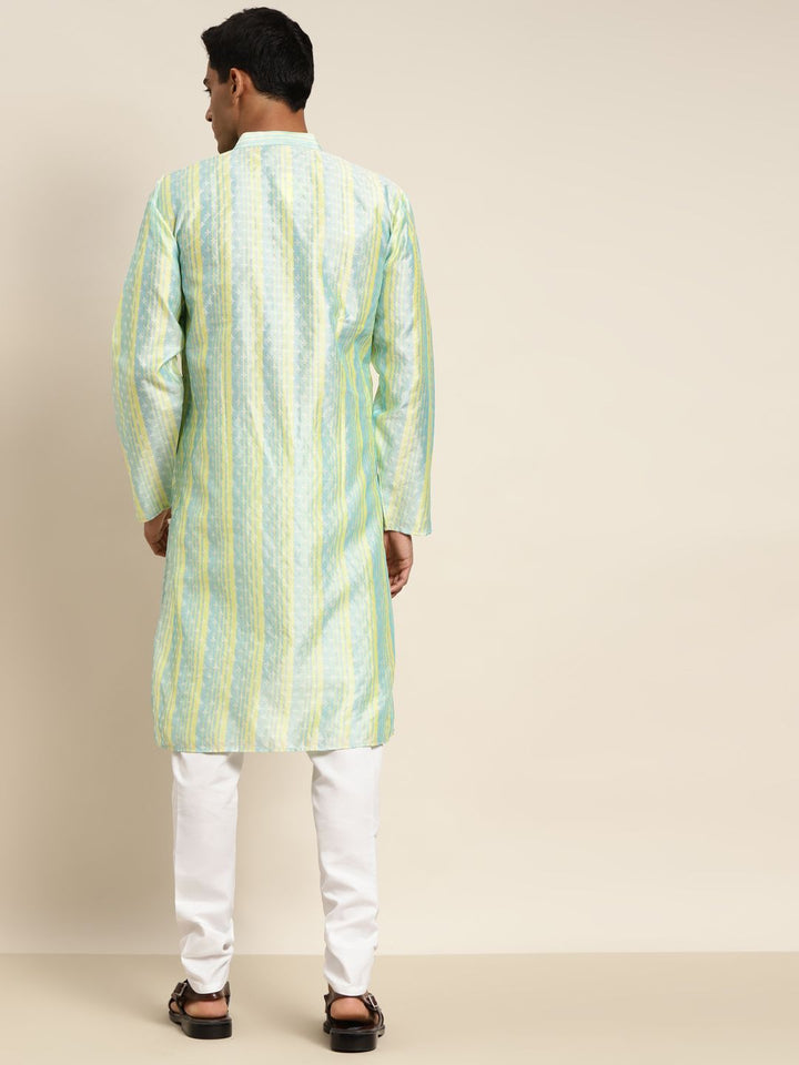 SOJANYA Kurta Motif Etnik Hijau & Kuning Lelaki