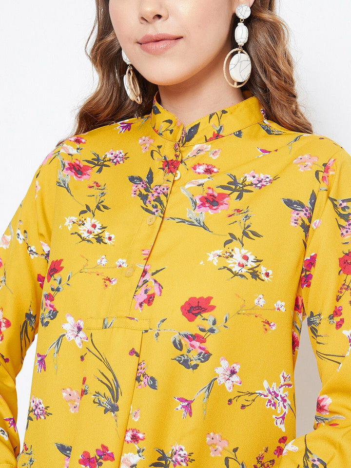 Berrylush Women Yellow Floral Printed Mandarin Collar Crepe Shirt Style Longline Top