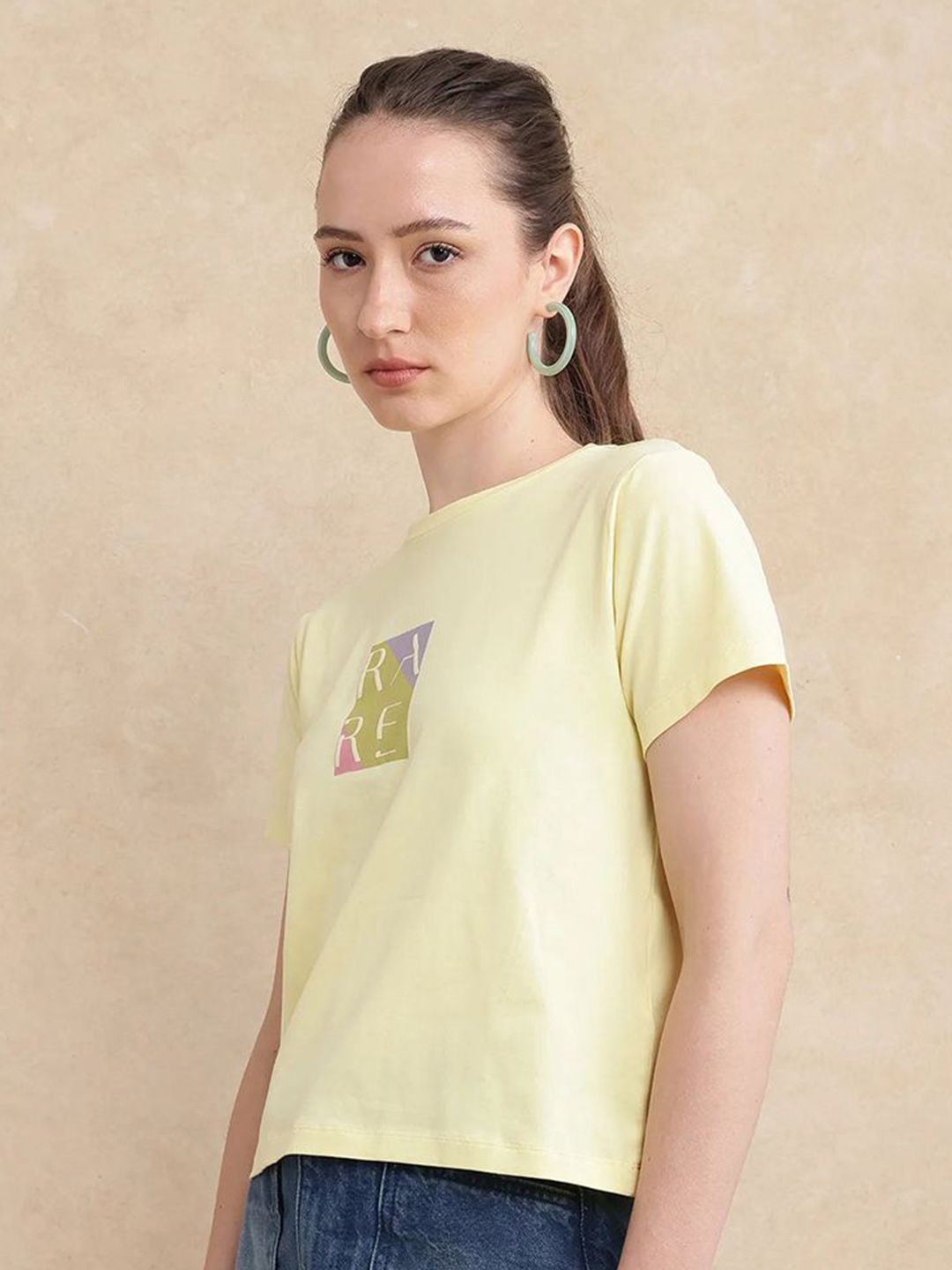 RAREISM Women Typography Printed Round Neck Cotton T-shirt