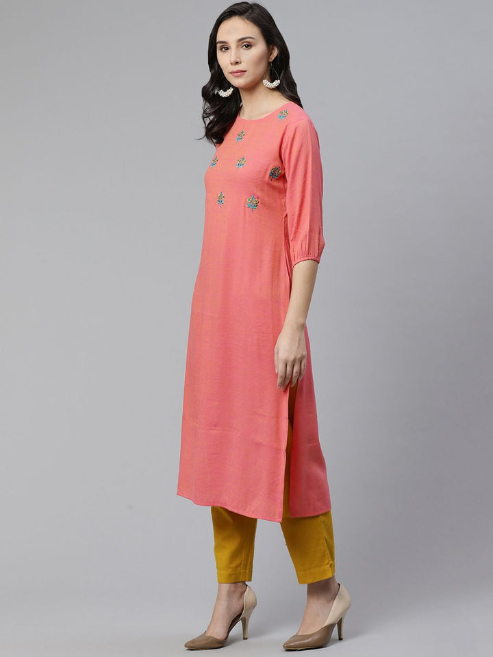 Libas Women Coral Pink & Blue Floral Embroidered Straight Kurta