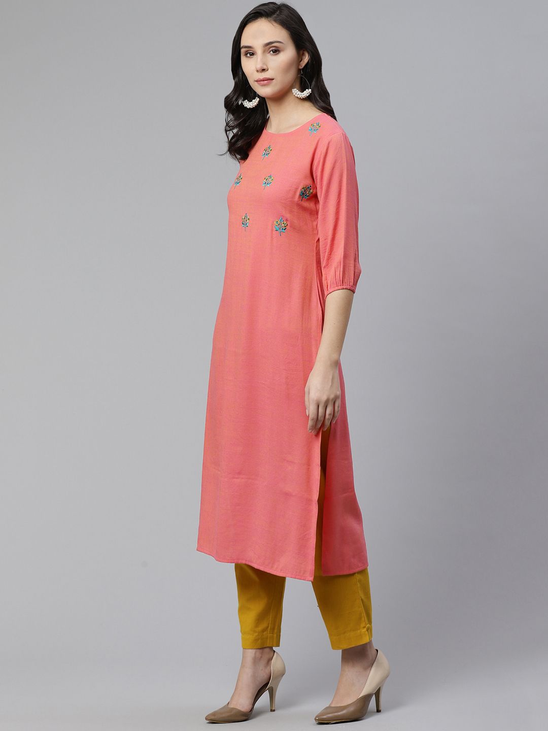 Libas Women Coral Pink & Blue Floral Embroidered Straight Kurta
