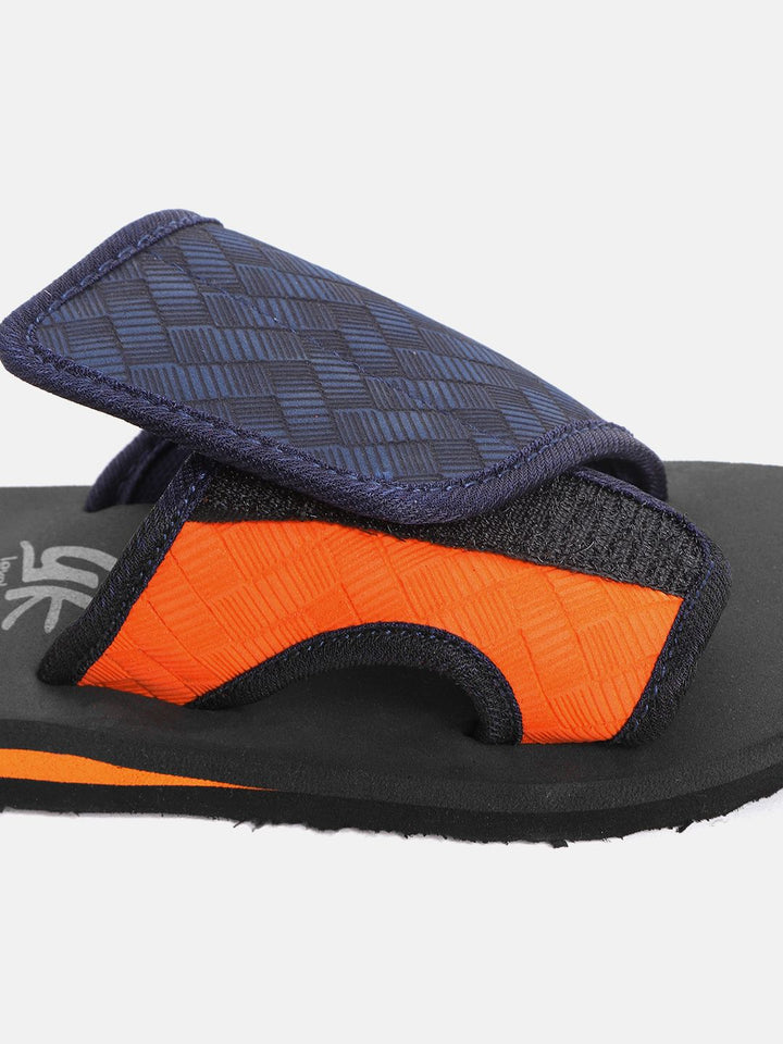YK Boys Navy Blue & Orange Chevron Textured Sliders with Cut-Out Detail