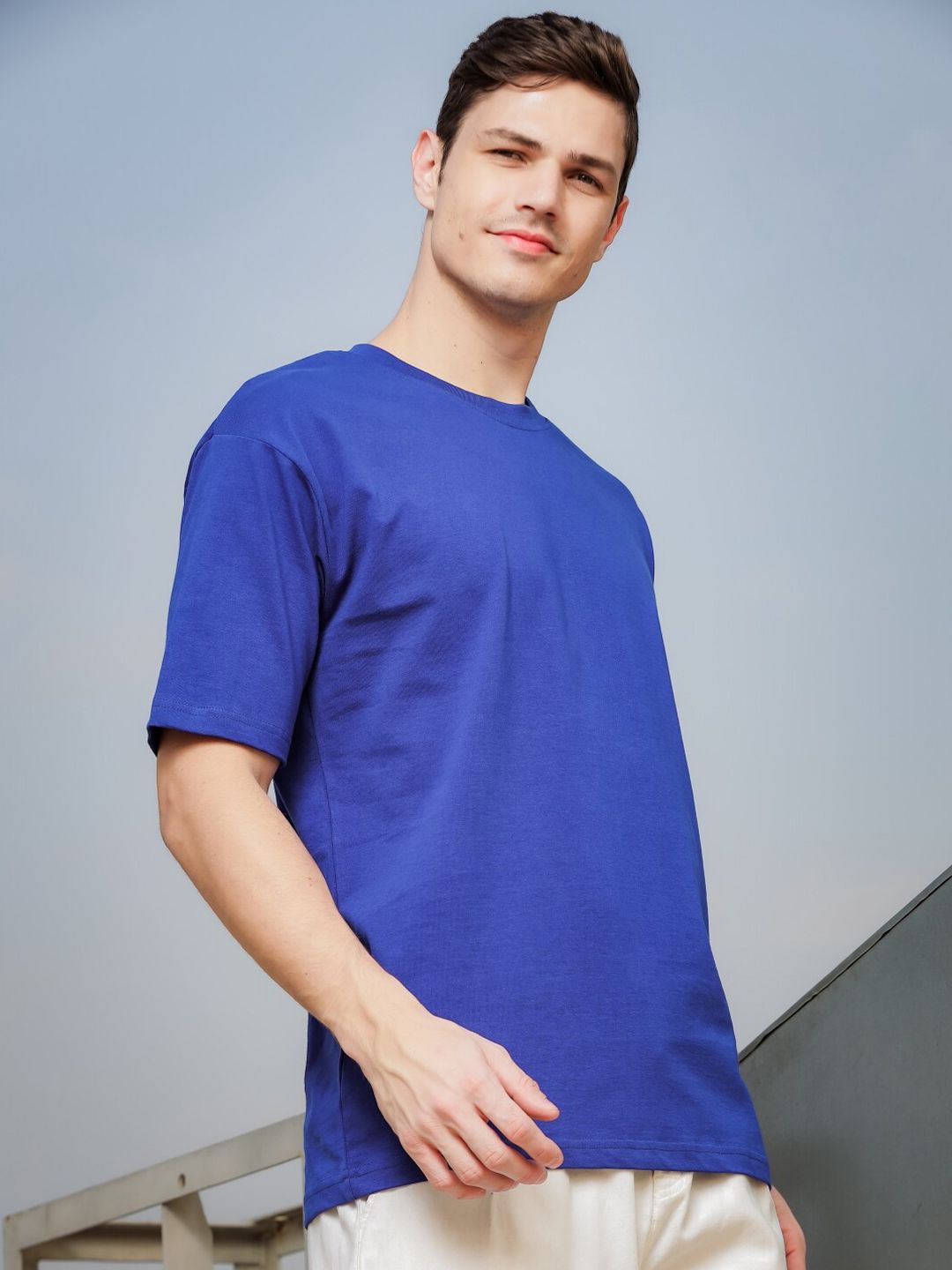 ADRO Round Neck Drop-Shoulder Sleeves Oversized Pure Cotton T-shirt