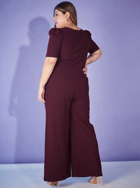 SASSAFRAS Curve Burgundy Plus Size Self-Design Top Wit Trouser Co-Ords
