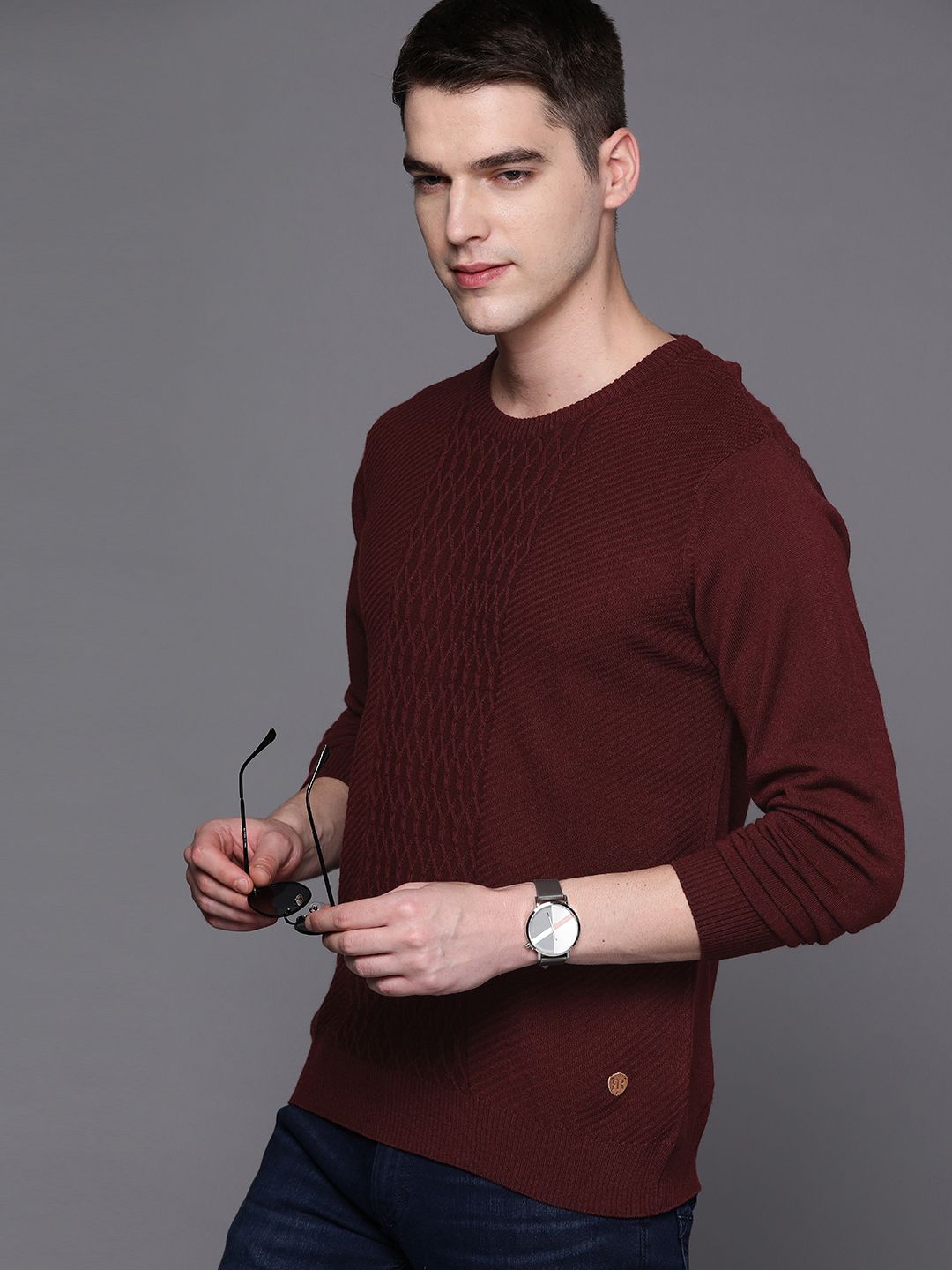 Raymond Men Maroon Cable Knit Pullover
