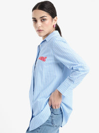 RAREISM Women Vertical Striped Cotton Shirt Collar Longline Top