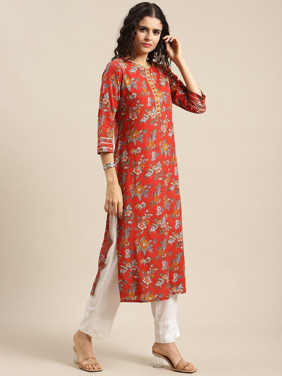Varanga Women Red & Orange Floral Printed Straight Kurta