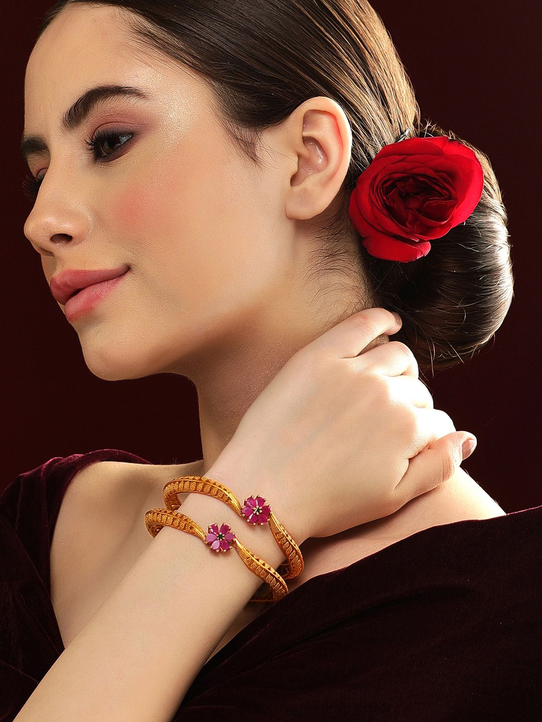 Rubans Set Of 2 24K Gold-Plated Ruby Pink Stone Floral Handcrafted Traditional Bangles