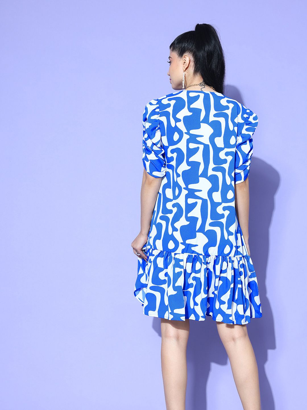 Antheaa Printed Puff Sleeve Crepe A-Line Dress