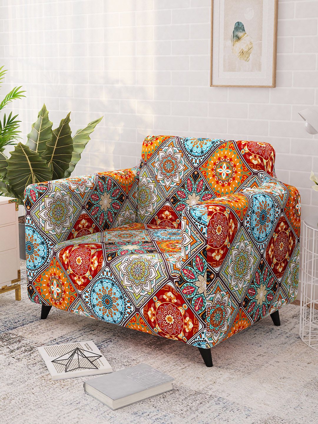 Story@home Orange & Yellow Printed 1 Seater Stretchable Sofa Cover With Arms
