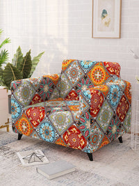 Story@home Orange & Yellow Printed 1 Seater Stretchable Sofa Cover With Arms