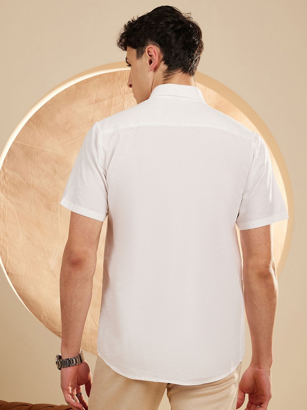 DENNISON Men White Smart Slim Fit Solid Cotton Linen Casual Shirt