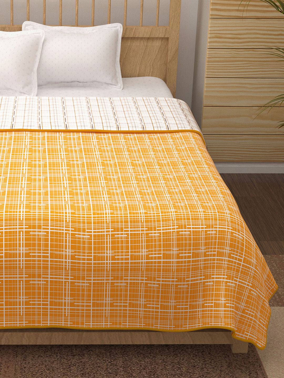 Story@home White & Yellow Printed AC Room 150 GSM Reversible Cotton Double Bed Dohar