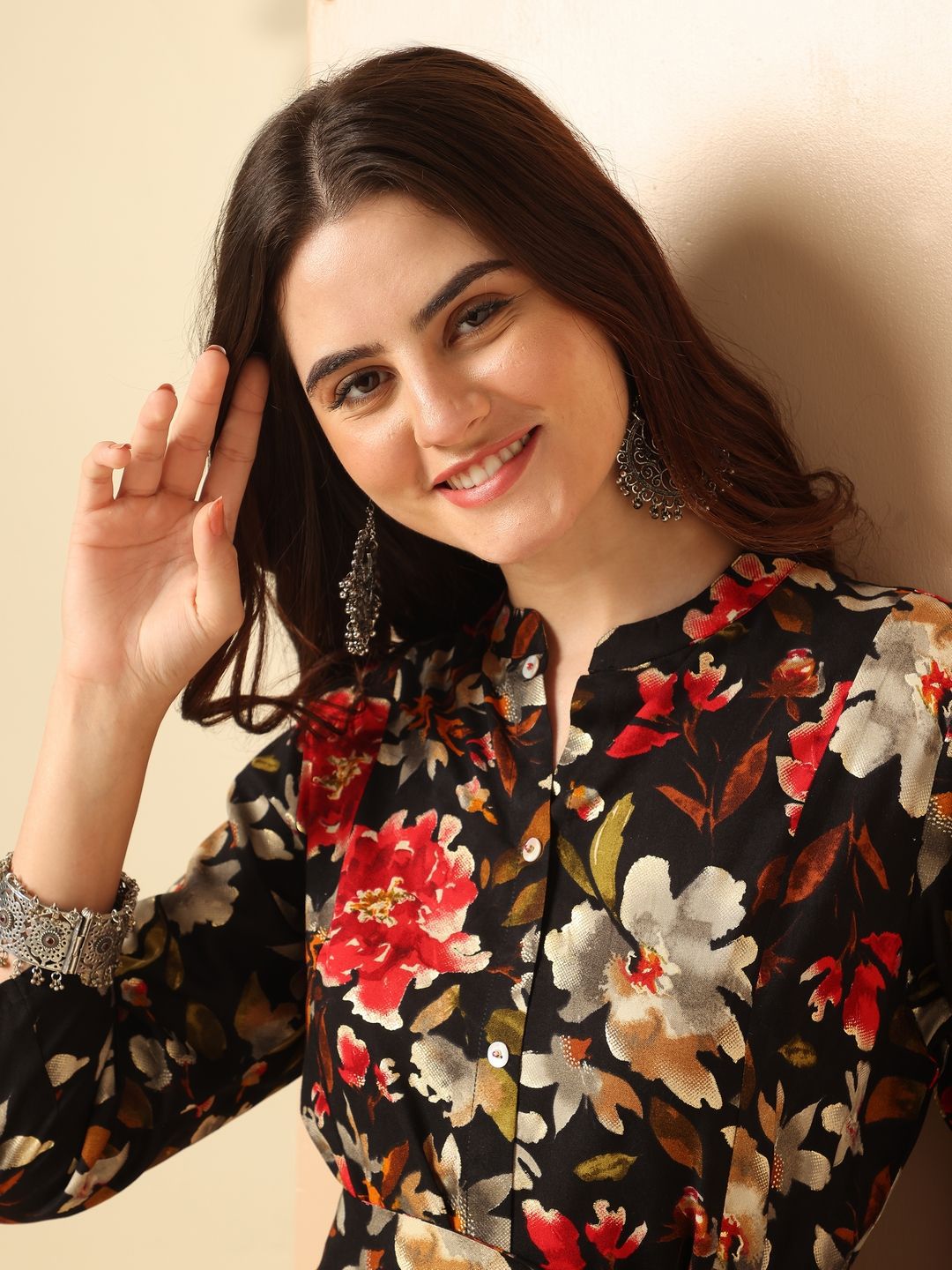 Anouk Brown Floral Printed Mandarin Collar Shirt Dress