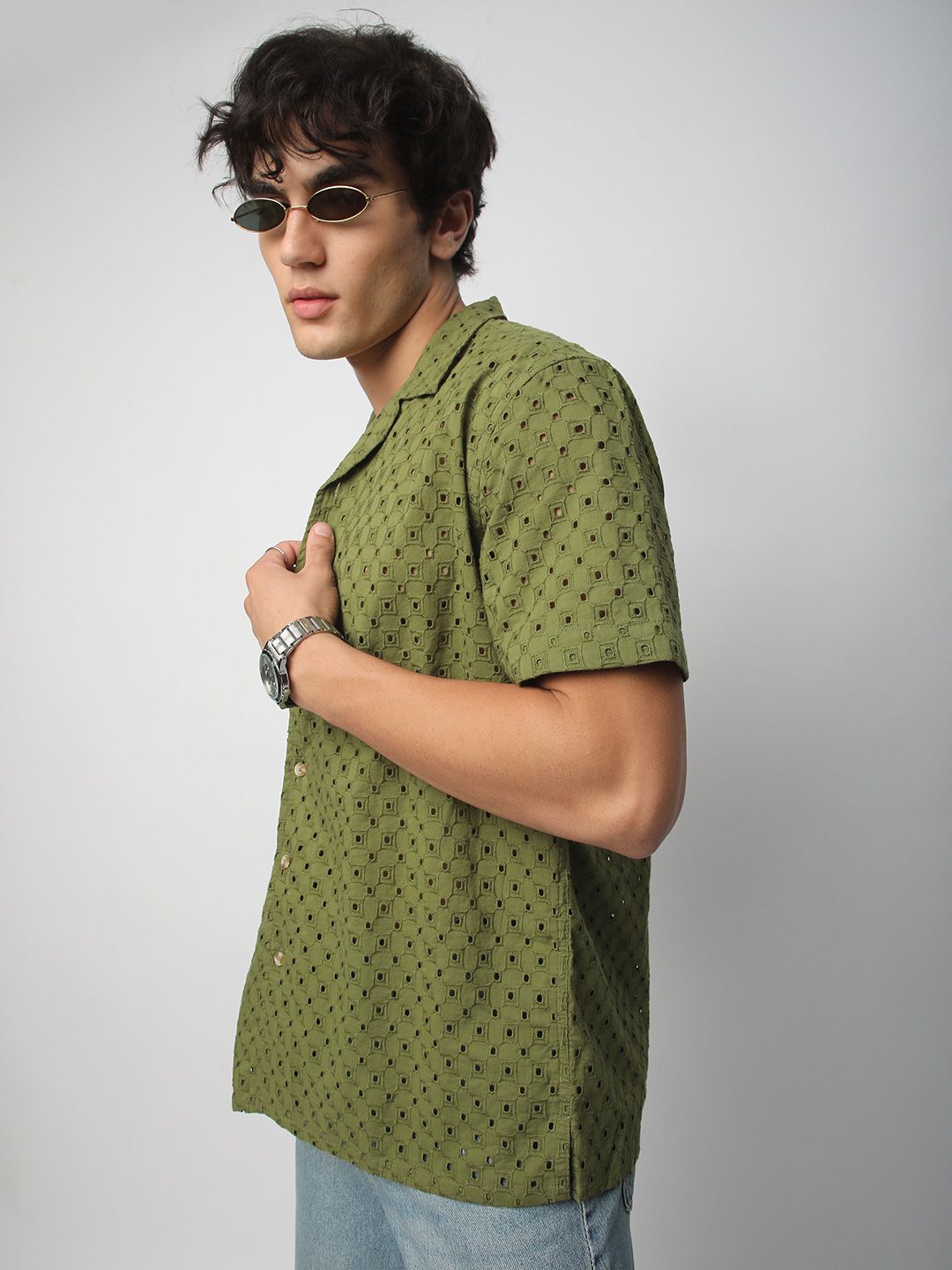 VASTRADO Men Classic Cuban Collar Textured Cotton Oversized Casual Shirt