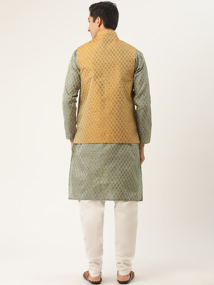 SOJANYA Men Green & Mustard Yellow Ethnic Motifs Kurta with Churidar & Nehru Jacket