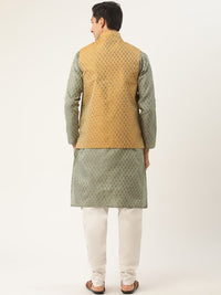 SOJANYA Men Green & Mustard Yellow Ethnic Motifs Kurta with Churidar & Nehru Jacket