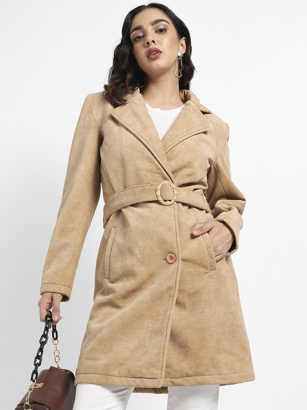 Campus Sutra Beige Single-Breasted Long OverCoat