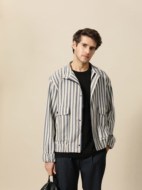Mr Bowerbird Men Off White Navy Blue Striped Tailored Jacket