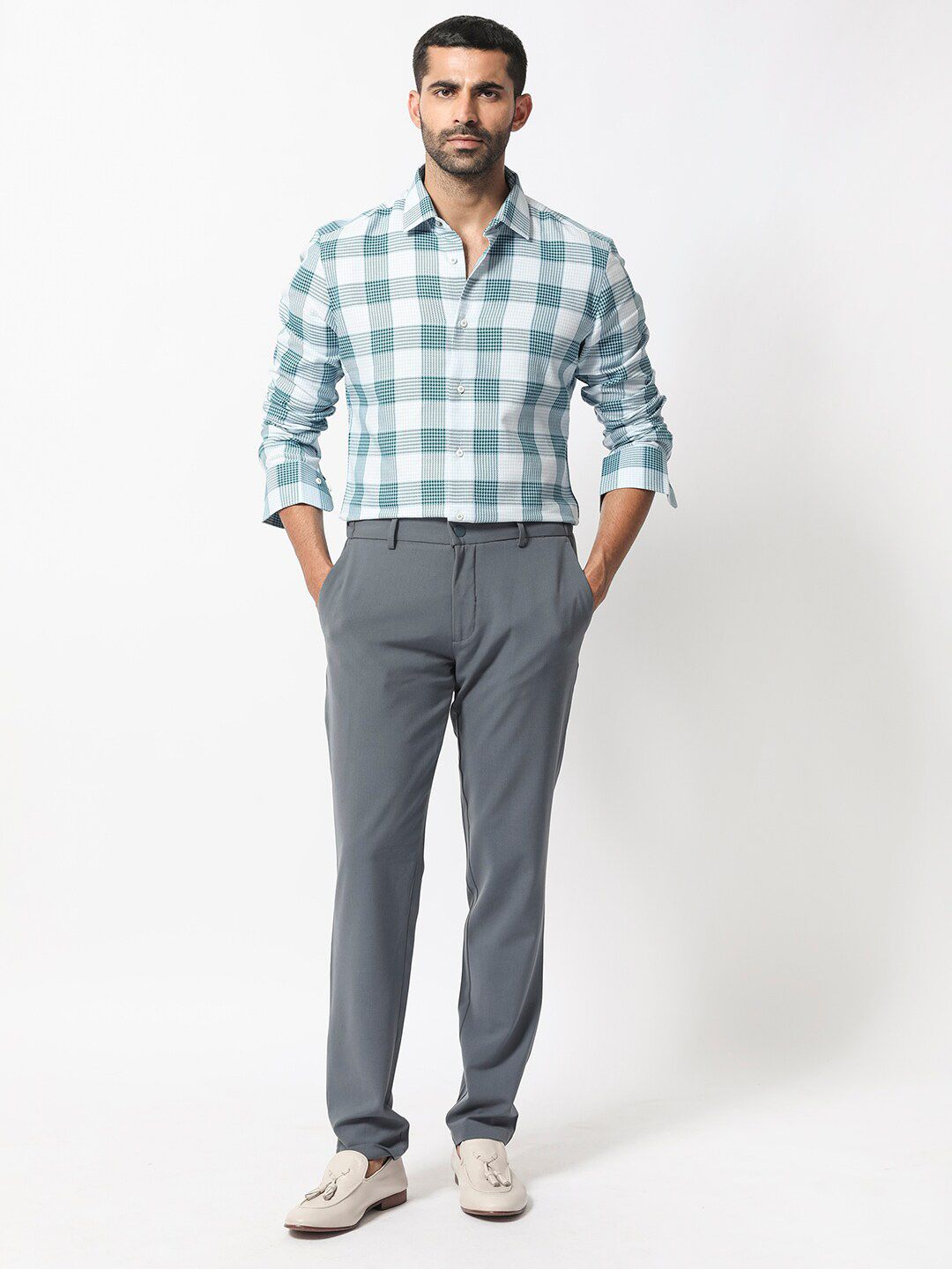 RARE RABBIT Men Ventura Slim Fit Tartan Checked Cotton Shirt