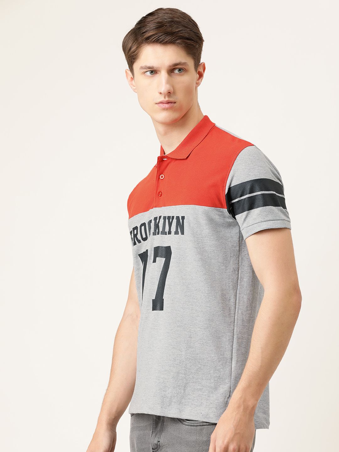 The Indian Garage Co Men Grey Melange & Orange Printed Polo Collar T-shirt