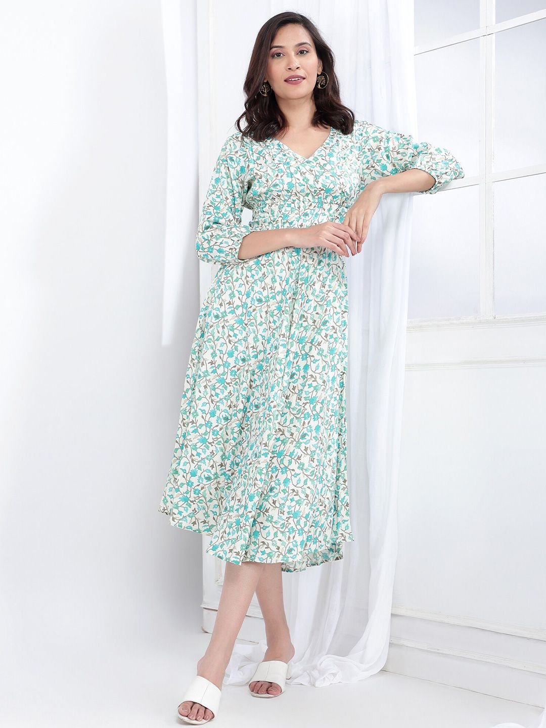 Bani Women Floral Printed V-Neck Smocked A-Line Midi Dress