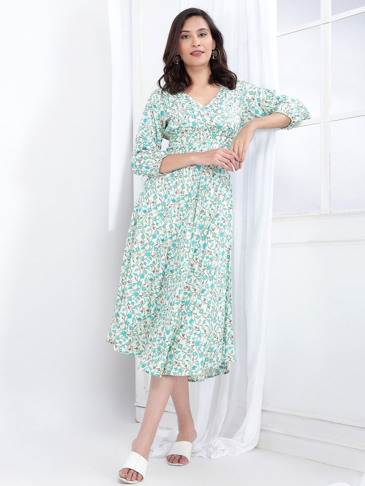 Bani Women Floral Printed V-Neck Smocked A-Line Midi Dress