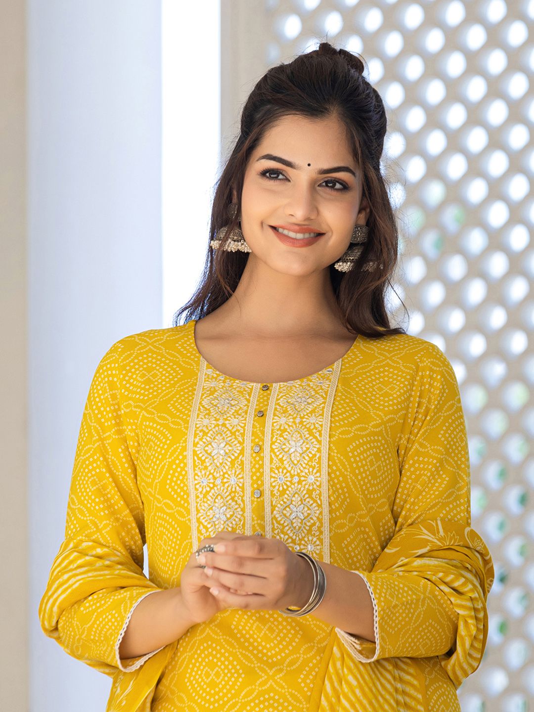 KALINI Bandhani Printed Regular Mirror Work Kurta With Trousers & Dupatta