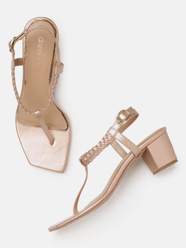 DressBerry Braided Design T-strap Block Heel Sandals