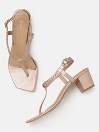 DressBerry Braided Design T-strap Block Heel Sandals