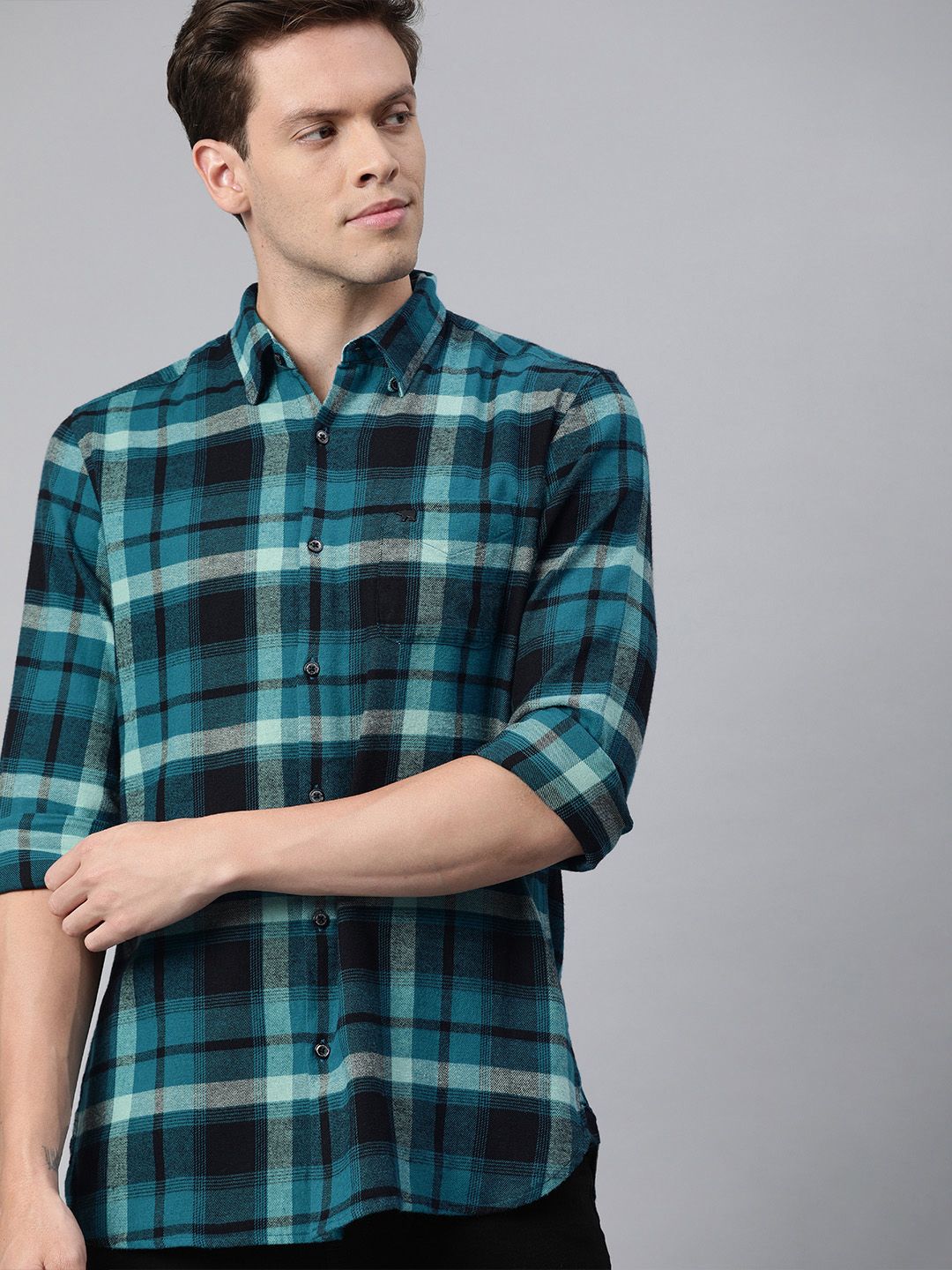 THE BEAR HOUSE Men Teal Blue & Black Slim Fit Checked Flannel Casual Shirt