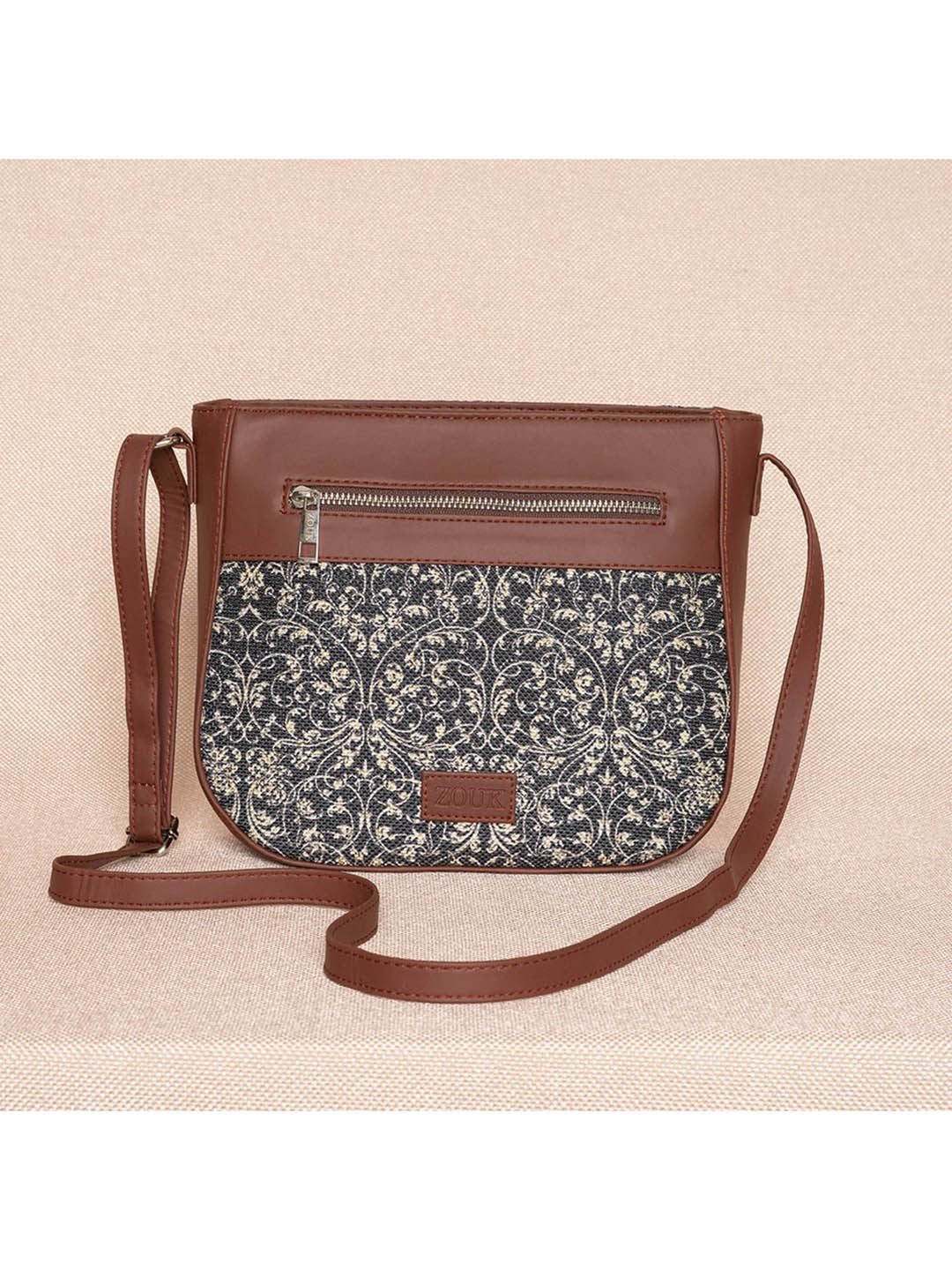 ZOUK Black Ethnic Motifs Printed Leather Structured Sling Bag