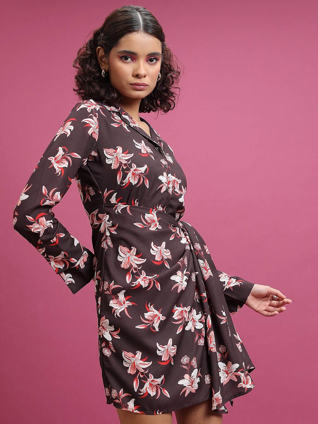 Tokyo Talkies Maroon Floral Printed Shirt Collar Tie-Ups Fit & Flare Dress