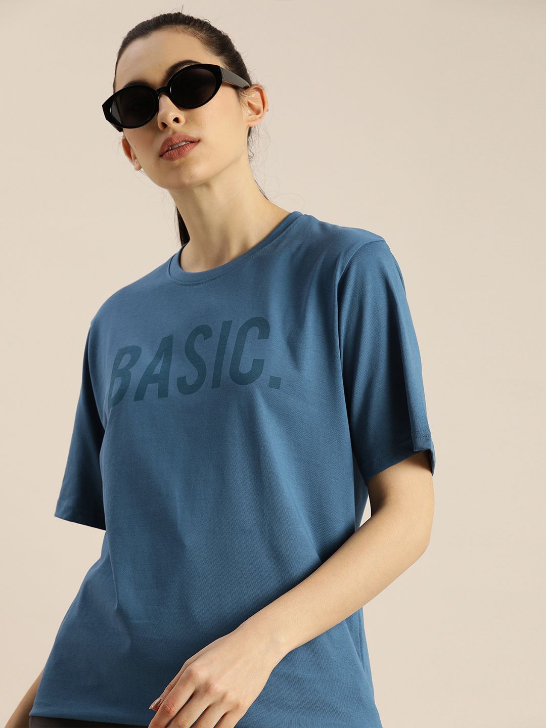 DILLINGER Women Blue Printed  Pure Cotton Round Neck Oversized T-shirt