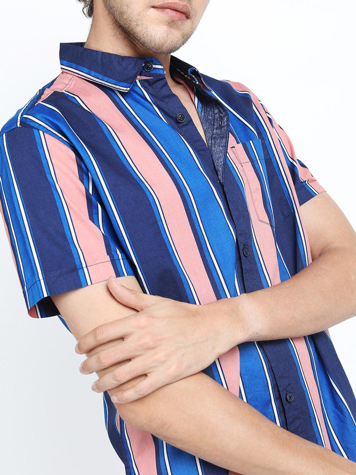 HIGHLANDER Men Blue & Peach-Coloured Slim Fit Multi Stripes Striped Cotton Casual Shirt