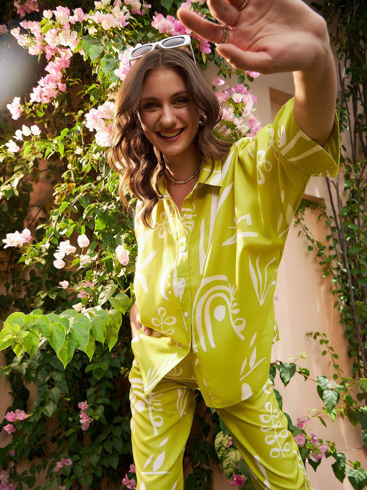 Athena Lime Green Floral Printed Linen Shirt Gaya Atas
