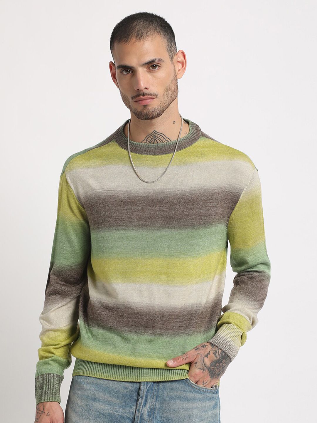 THE BEAR HOUSE Striped Drop-Shoulder Sleeves Acrylic Pullover Sweatshirt