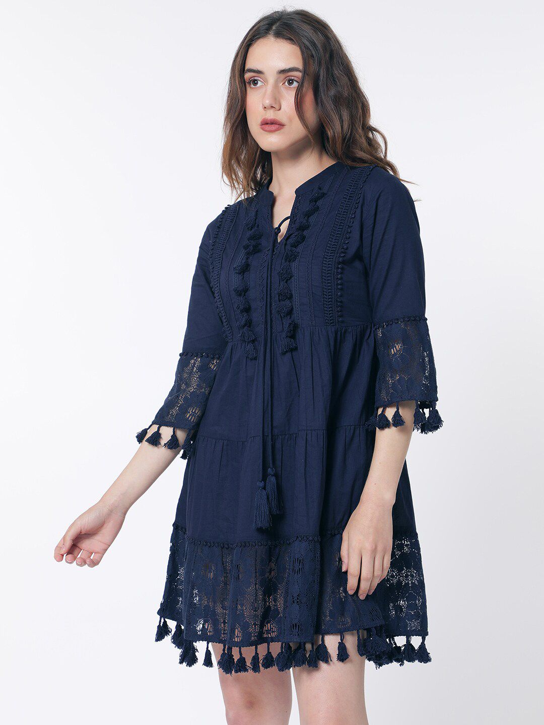 RAREISM Band Collar Bell Sleeve Tie-Up Detail Cotton Fit & Flare Dress